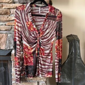 Free People Red and Cream Floral Ruched Blouse